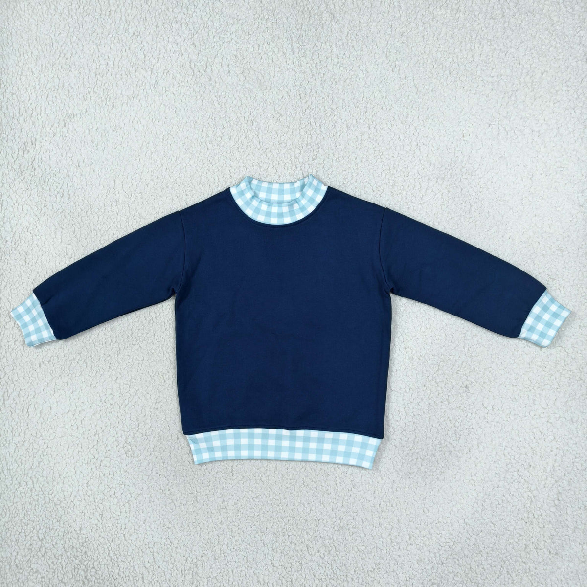 NO MOQ RTS GT1801 Baby Girl Clothes Navy Solid Blue Gingham Patchwork Long Sleeve Top 202610