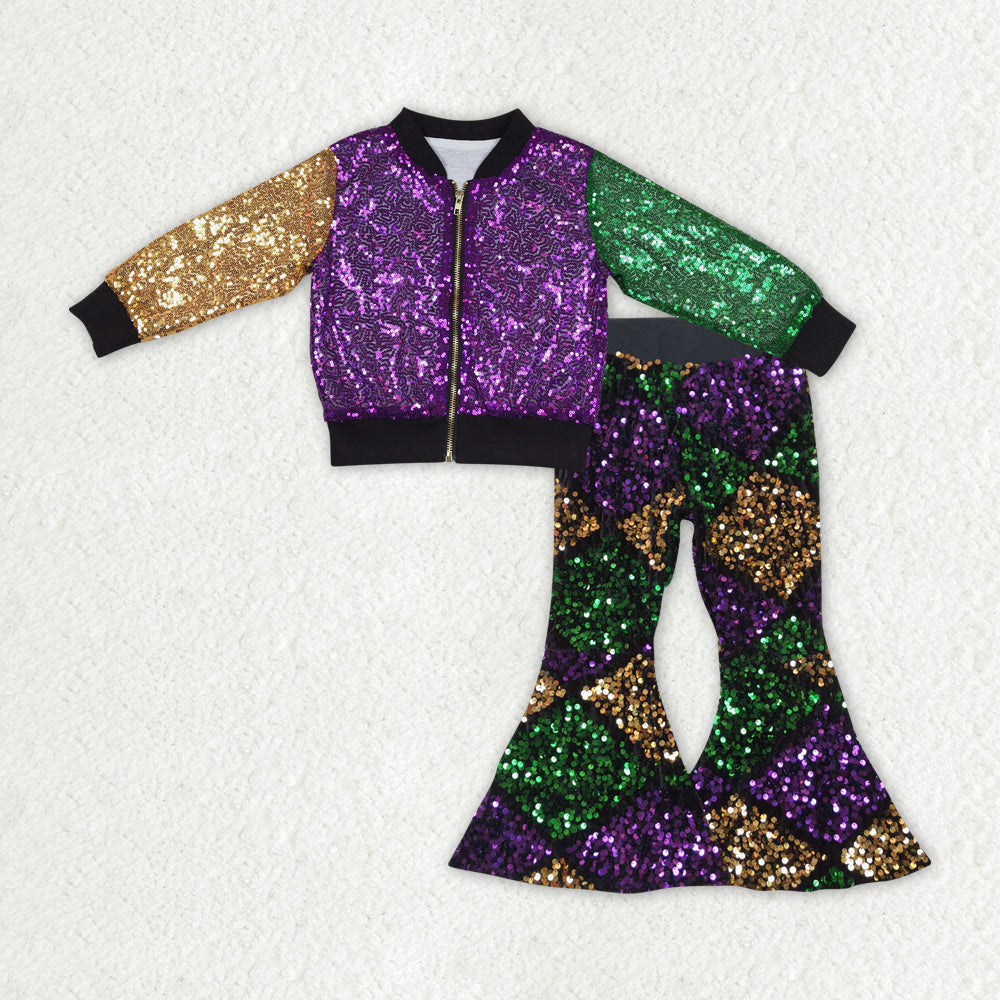 GLP1159 RTS Mardi Gras green sequin purple green golden jacket pants girl outfit 202401