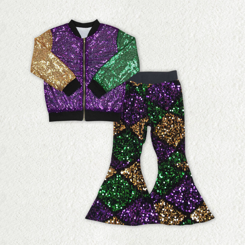 GLP1159 RTS Mardi Gras green sequin purple green golden jacket pants girl outfit 202401