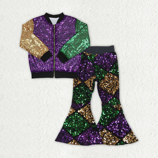 GLP1159 RTS Mardi Gras green sequin purple green golden jacket pants girl outfit 202401