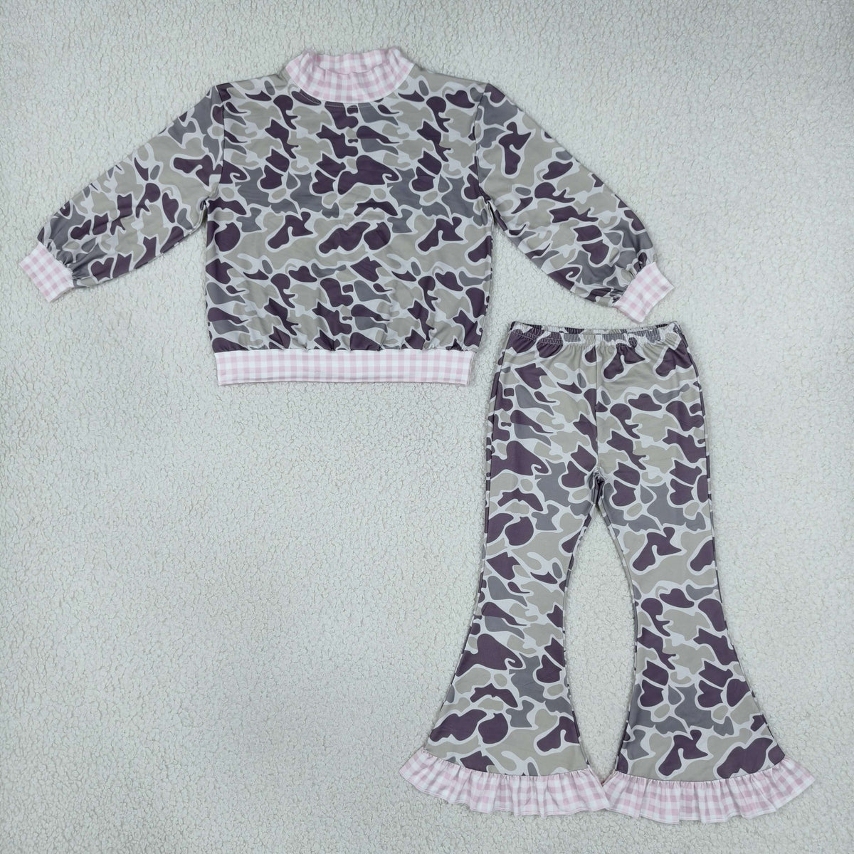 NO MOQ RTS GLP3736-bundle (2) Baby Girl Clothes Purple Camo Gingham Trim Long Sleeve Flare Pant Set 202610