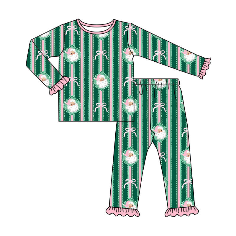 Preorder (moq 5) Baby Girl Clothes Christmas Santa Stripe Bow Mixed Print Long Sleeve Ruffle Pajama Set