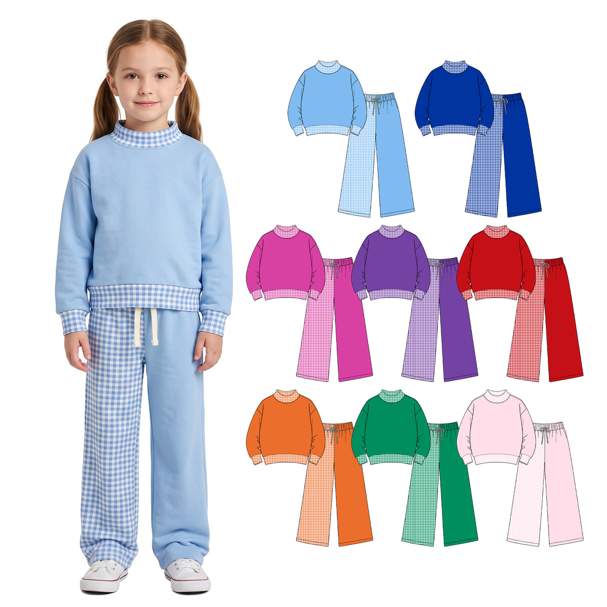Preorder (moq 5) Baby Girl Clothes Solid Color Gingham Patchwork Print Long Sleeve Wide Leg Pant Set
