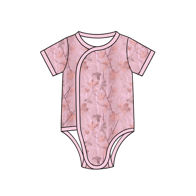 Preorder (moq 5) Baby Girl Clothes Light Pink Autumn Maple Camo Print Short Sleeve Side Snap Bodysuit