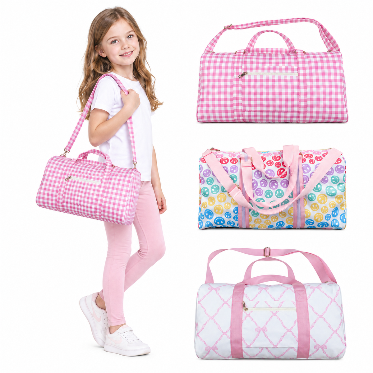 NO MOQ RTS BA0068 Kids Bag Colorful Smiley Face Print Travel Duffle Bag 202610