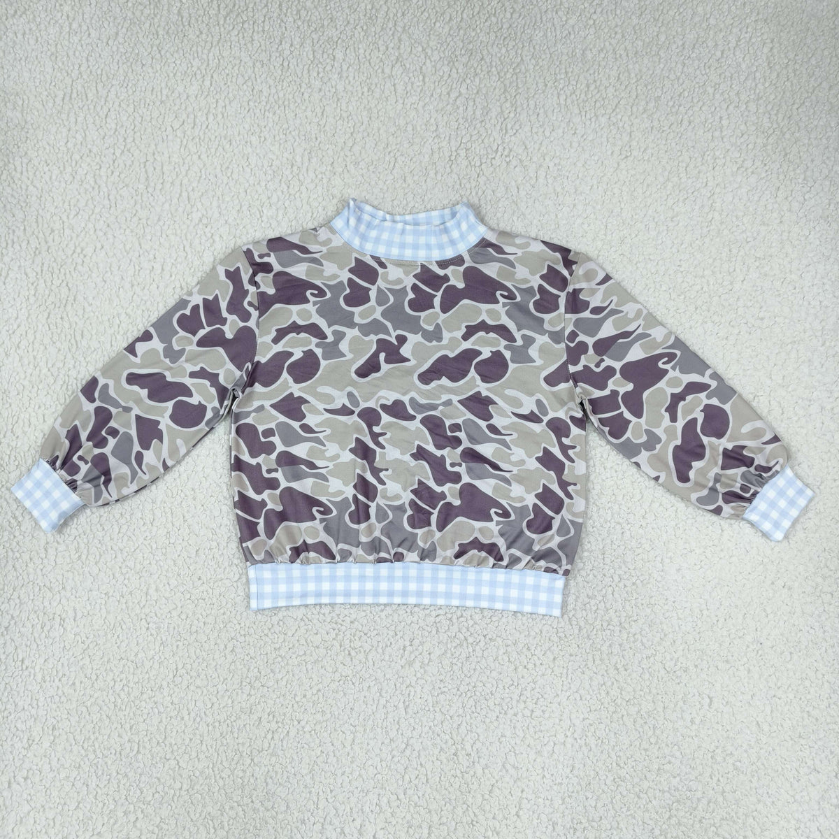 NO MOQ RTS BT1922 Boy Clothes Purple Camo Mixed Gingham Print Long Sleeve Mock Neck Pullover Top 202610