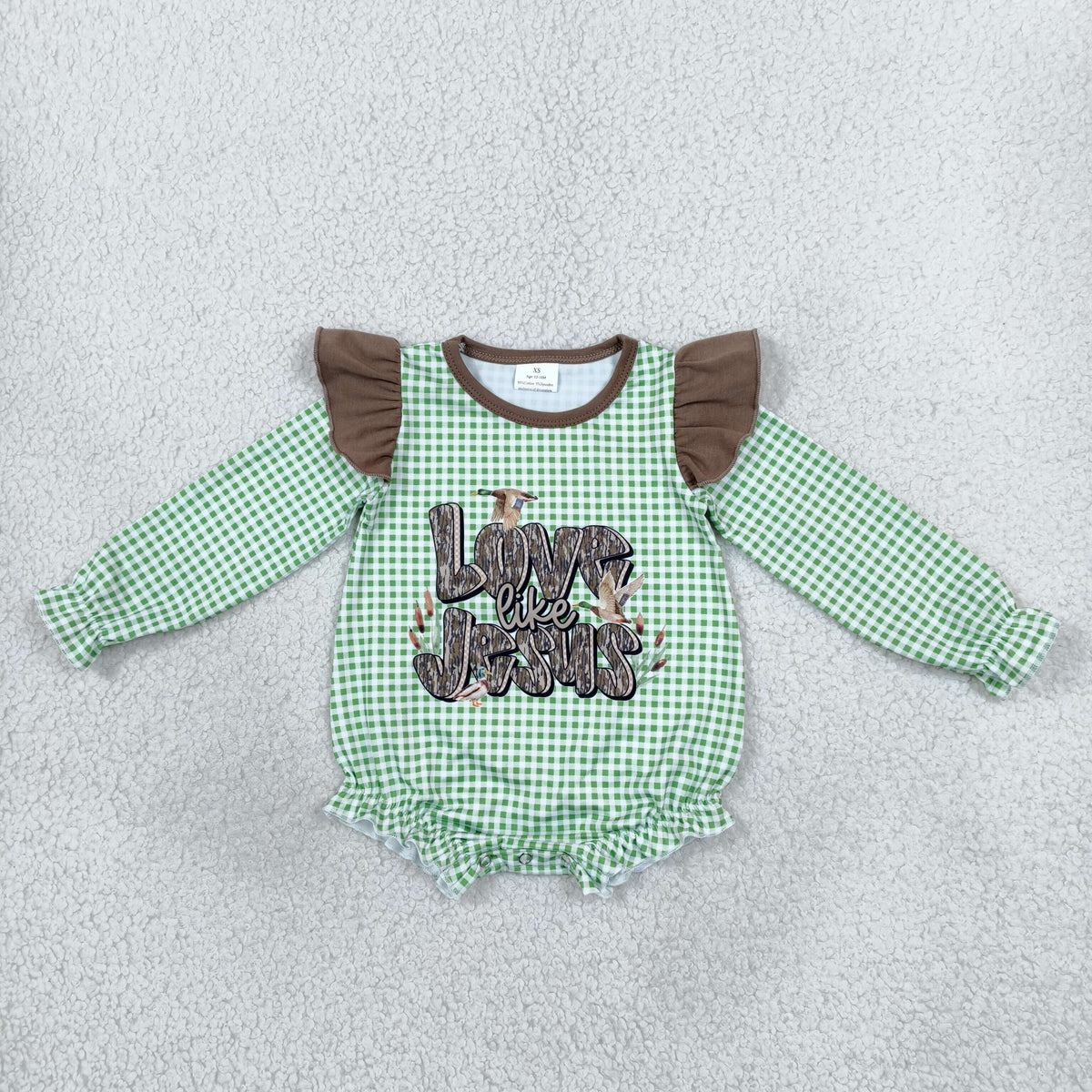 NO MOQ RTS LR2551 Baby Girl Clothes Green Gingham Letter Duck Hunting Print Long Sleeve Ruffle Bubble Romper 202610
