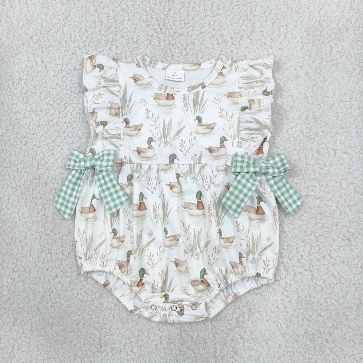 NO MOQ RTS SR2257 Baby Girl Clothes Mallard Duck Gingham Mixed Print Sleeveless Ruffle Bow Bubble Romper 202610