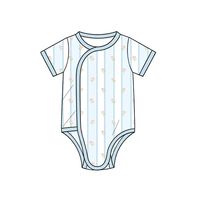 Preorder (moq 5) Baby Girl Clothes Blue Stripe Tiny Floral Mixed Print Short Sleeve Side Snap Bodysuit