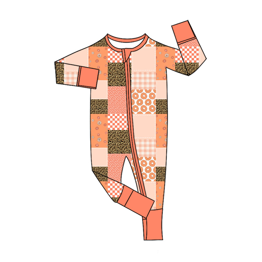 Preorder (moq 5) Baby Girl Clothes Orange Check Leopard Patchwork Mixed Print Long Sleeve Zipper Romper