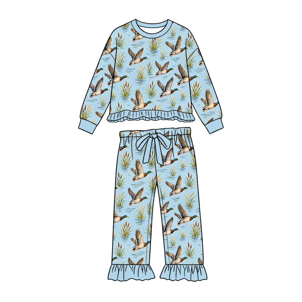 Preorder (moq 5) Baby Girl Clothes Sky Blue Mallard Duck Reeds Print Long Sleeve Ruffle Top Ruffle Pant Set