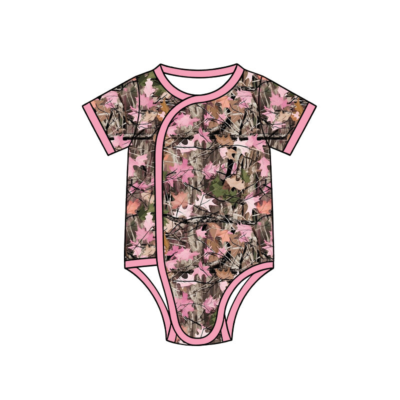 Preorder (moq 5) Baby Girl Clothes Pink Fall Leaf Hunting Camo Print Short Sleeve Side Snap Bodysuit