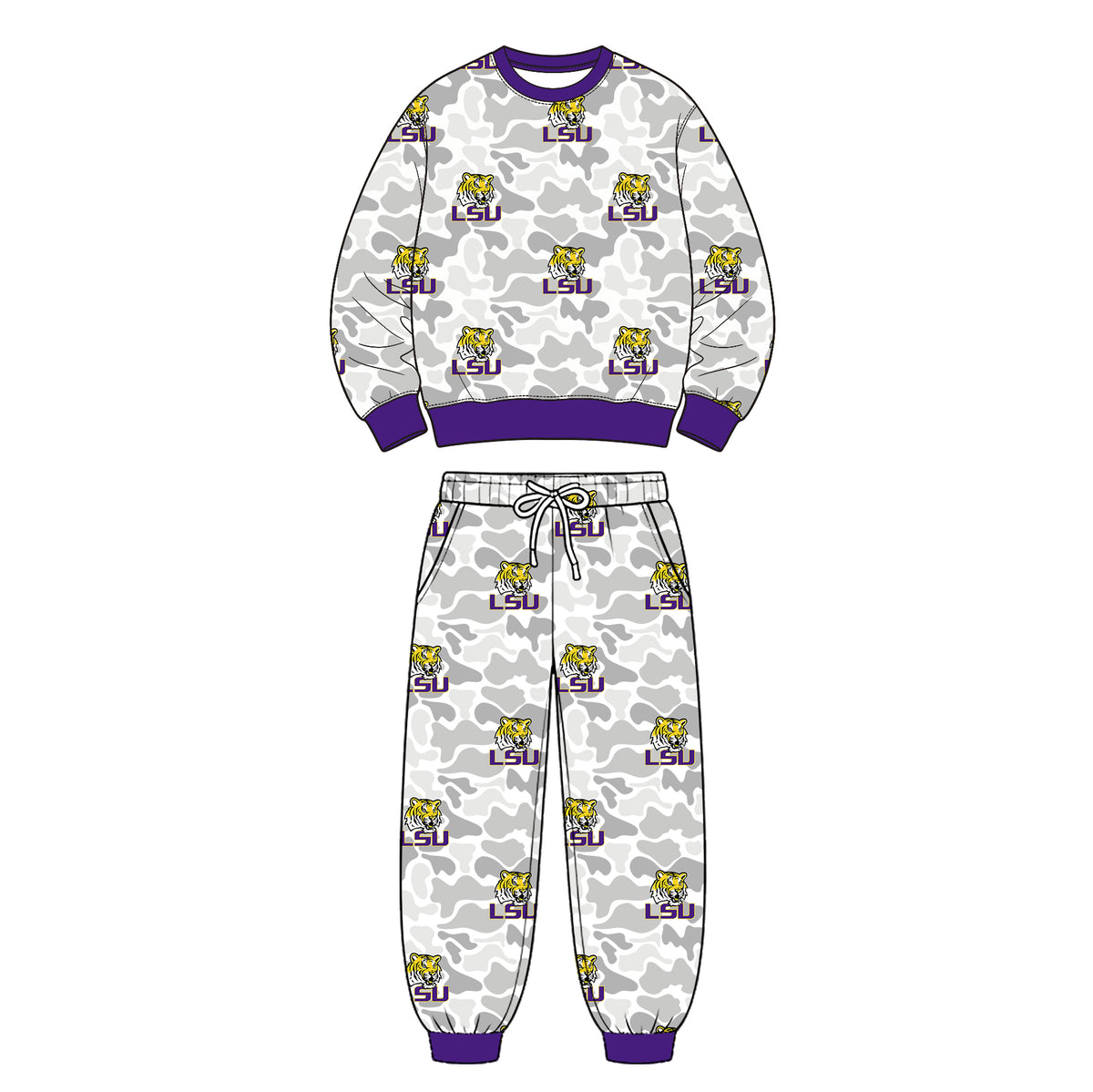 Preorder (moq 5) LSU Baby Clothes Grey Camo Logo Mixed Print Long Sleeve Sweatshirt Jogger Pants Outfit Set
