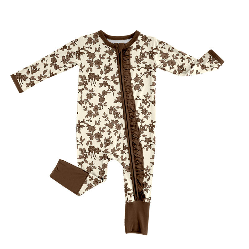 Preorder (moq 5) Baby Girl Clothes Vintage Brown Floral Print Long Sleeve Ruffle Zip Front Romper Jumpsuit