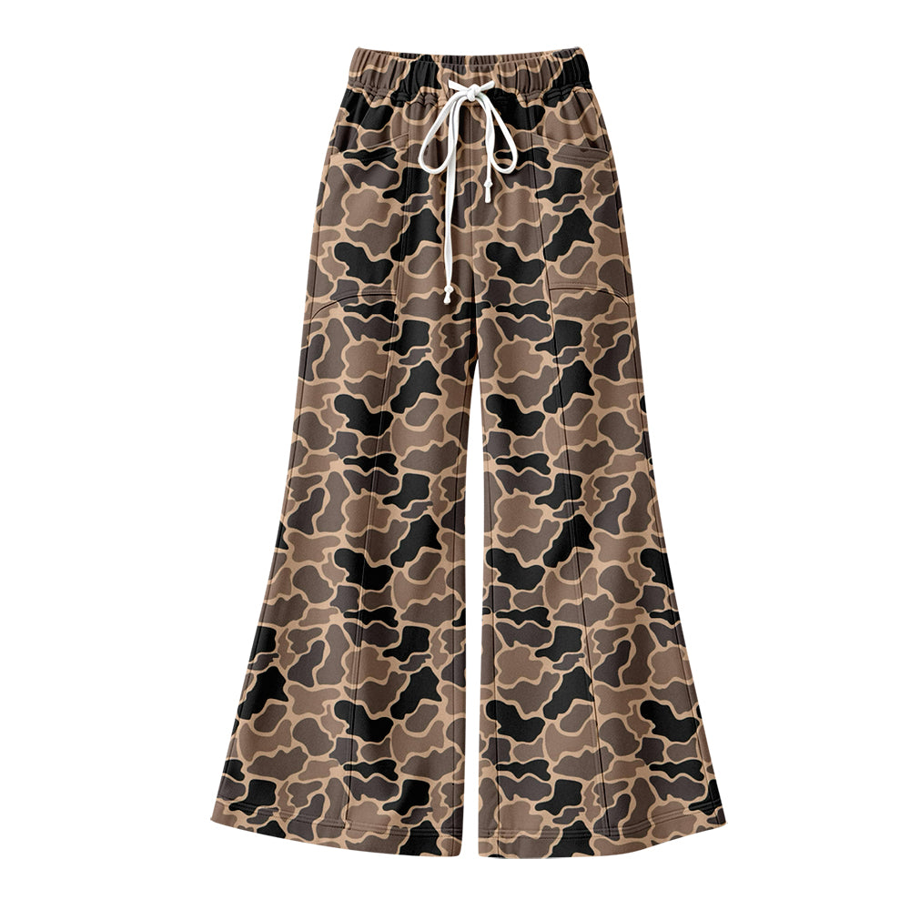Preorder (moq 5) Women Clothes Tan Brown Camo Blot Allover Print High Waist Drawstring Flare Pants