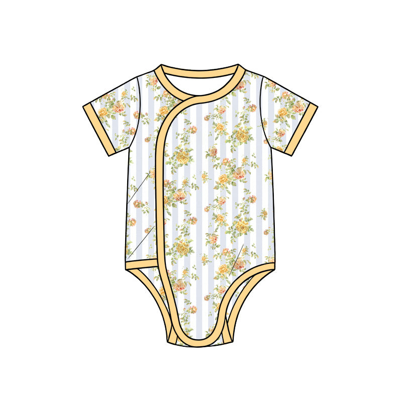 Preorder (moq 5) Baby Girl Clothes Yellow Rose Stripe Mixed Print Short Sleeve Side Snap Bodysuit