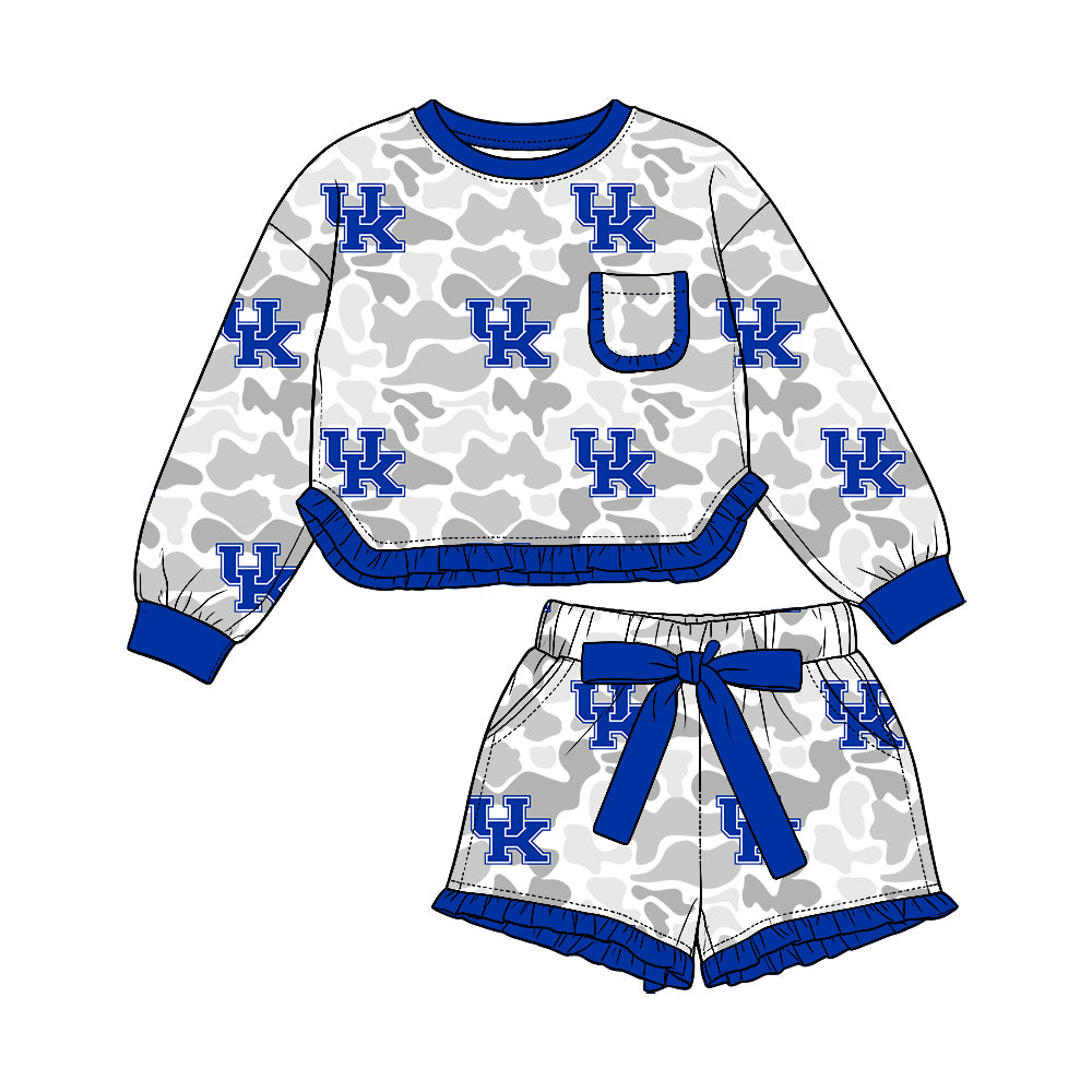 Preorder (moq 5) Kentucky Baby Girl Clothes Grey Camo Logo Print Long Sleeve Ruffle Top Ruffle Shorts Outfit Set