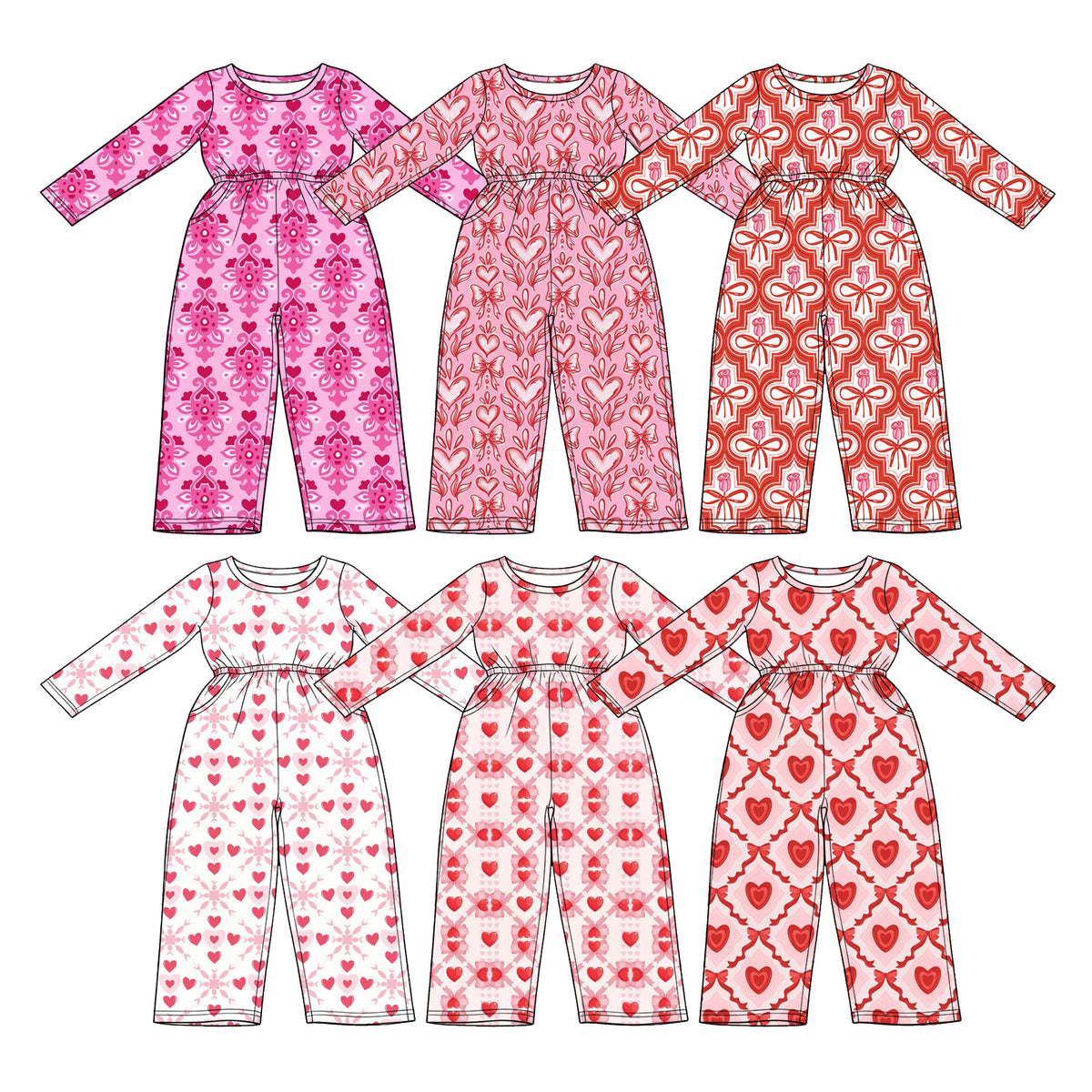 Preorder (moq 5) Baby Girl Clothes Pastel Heart Floral Damask Allover Print Long Sleeve Elastic Waist Pocket Jumpsuit