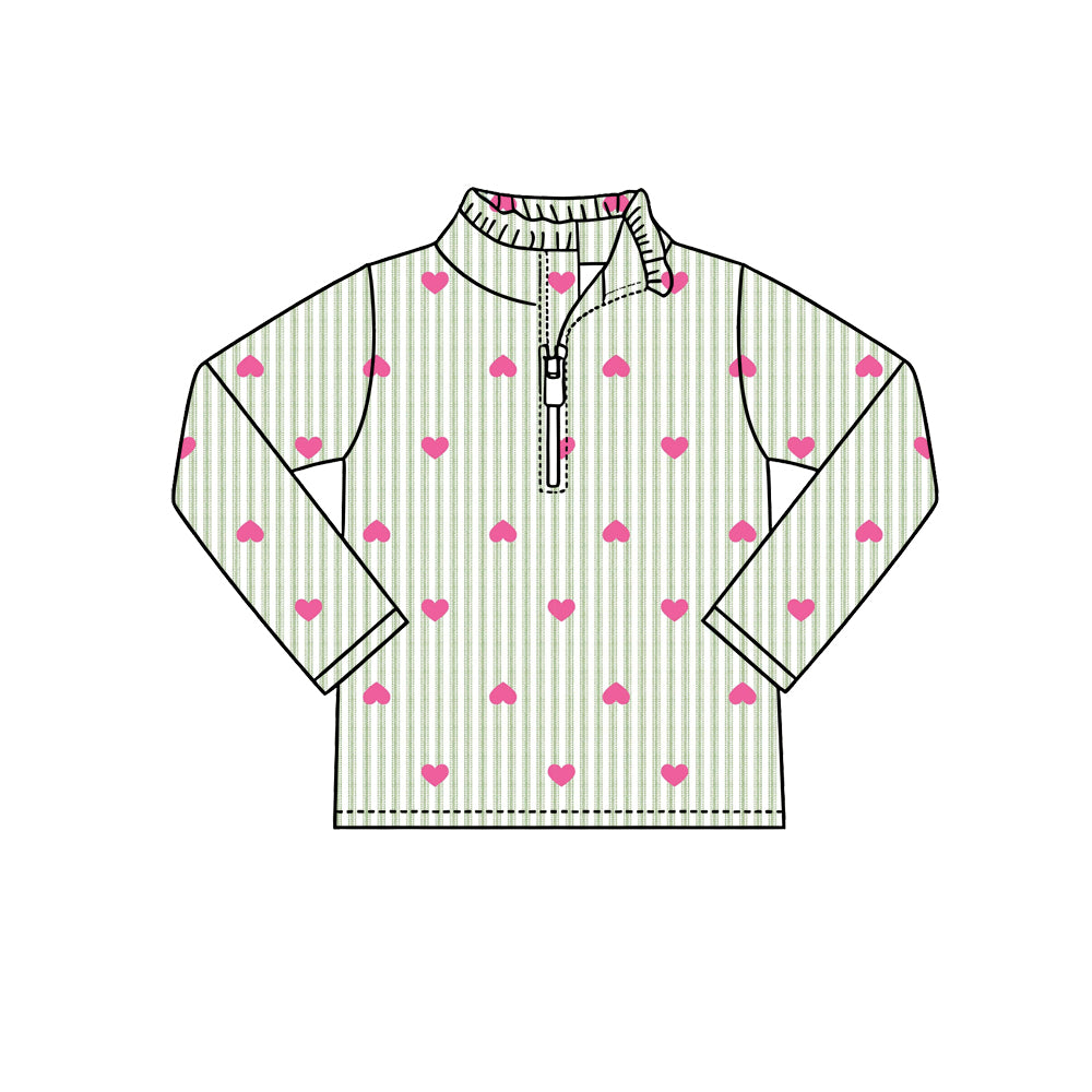 Preorder (moq 5) Baby Girl Clothes Green Striped Pink Heart Print Long Sleeve Half Zip Top