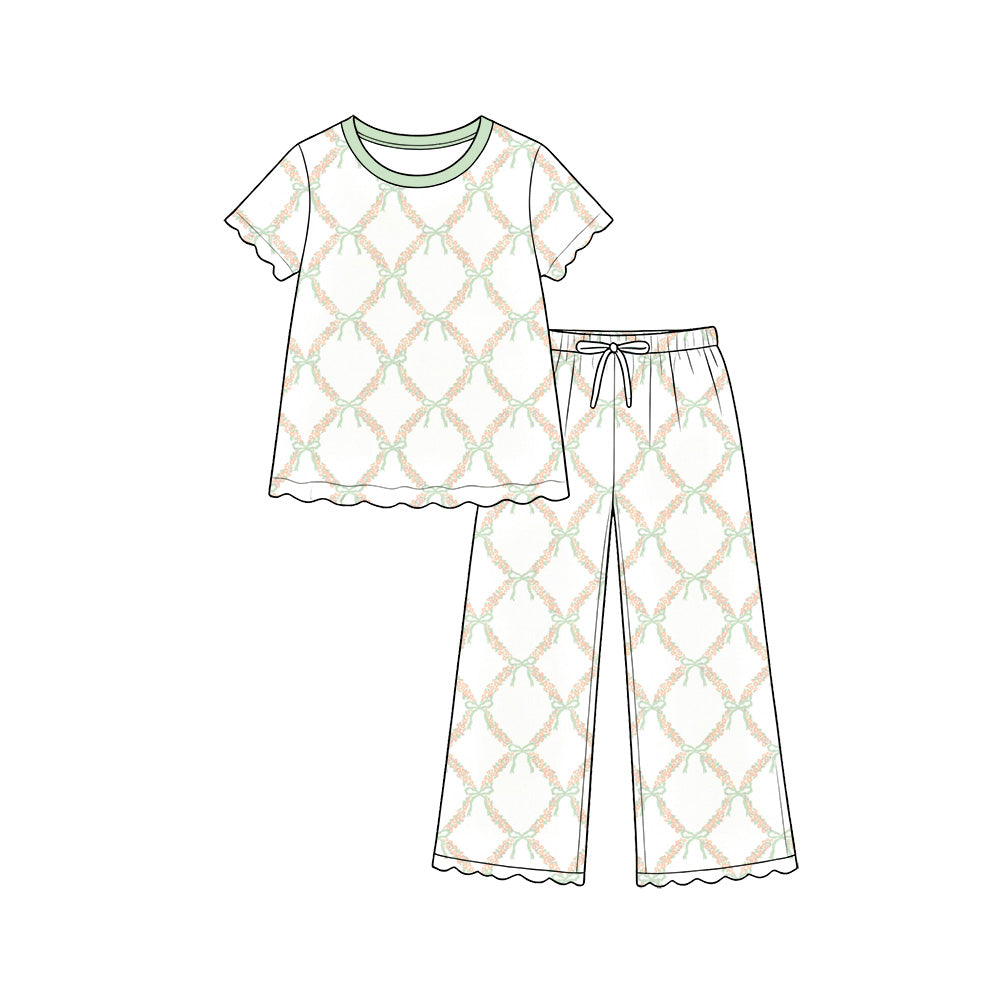 Preorder (moq 5) Baby Girl Clothes Green Bow Floral Lattice Mixed Print Short Sleeve Pajama Pant Set