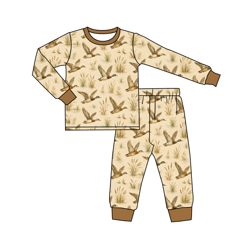 Preorder (moq 5) Baby Boy Clothes Retro Flying Mallard Duck Grass Print Long Sleeve Jogger Pant Set