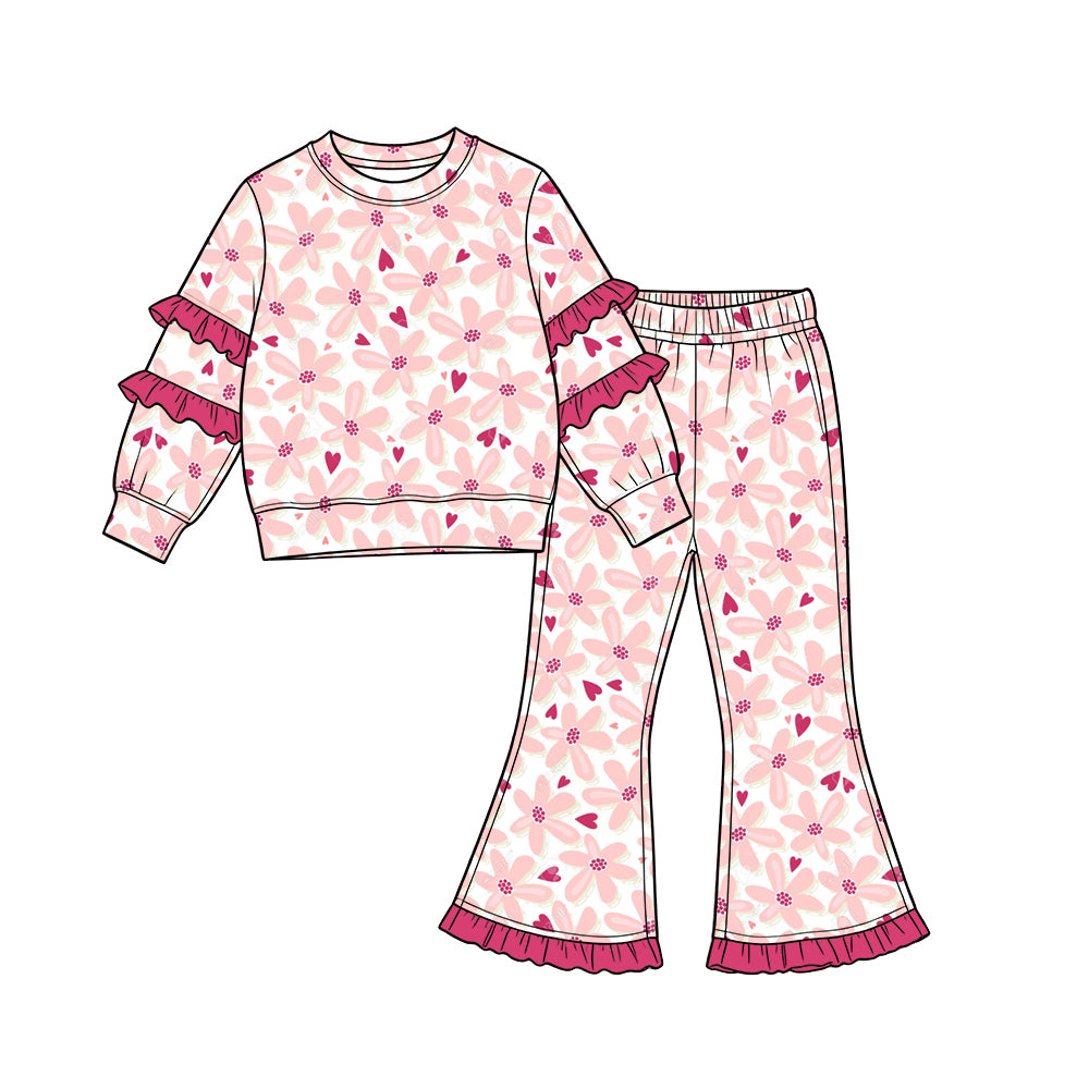 Preorder (moq 5) Baby Girl Clothes Floral Tiny Heart Allover Print Long Sleeve Ruffle Sleeve Flare Pant Set