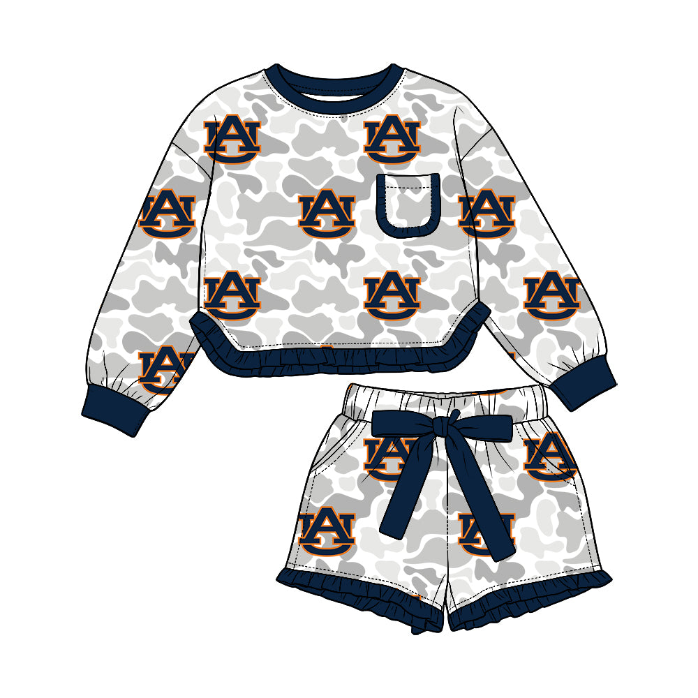 Preorder (moq 5) Auburn Baby Girl Clothes Grey Camo Logo Print Long Sleeve Ruffle Top Ruffle Shorts Outfit Set