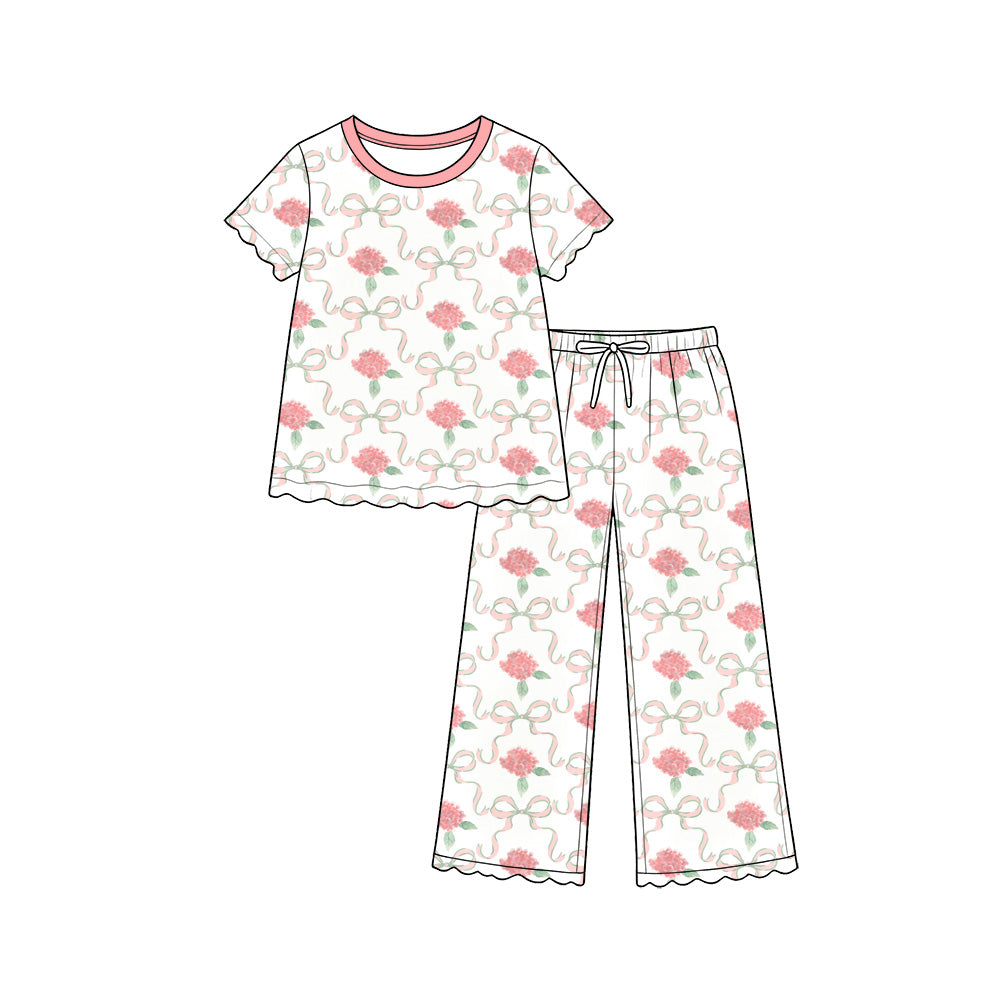 Preorder (moq 5) Baby Girl Clothes Pink Hydrangea Bow Mixed Print Short Sleeve Pajama Pant Set