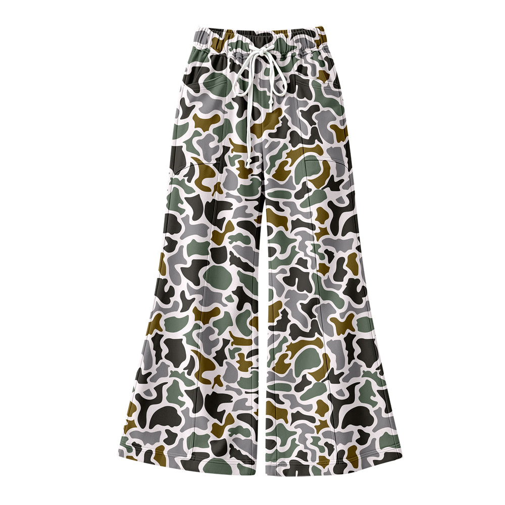 Preorder (moq 5) Women Clothes Green Brown Retro Camo Blot Allover Print High Waist Drawstring Flare Pants