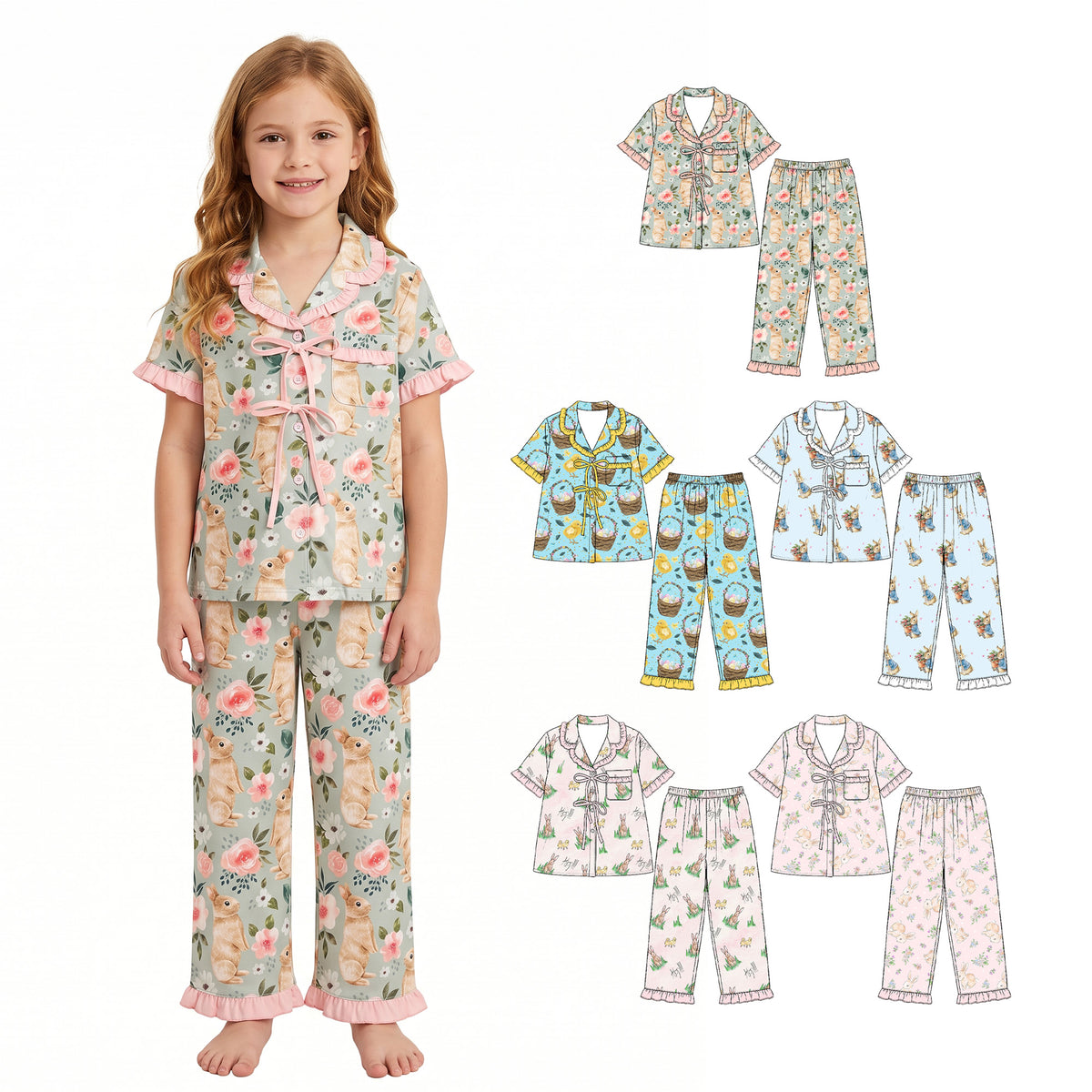 Preorder (moq 5) Baby Girl Clothes Easter Bunny Tiny Floral Mixed Print Short Sleeve Ruffle Pajama Set