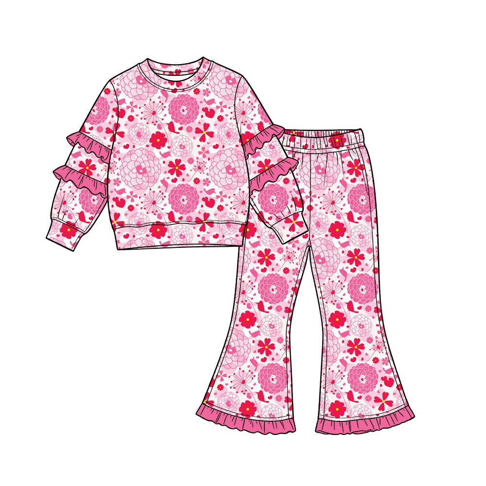 Preorder (moq 5) Baby Girl Clothes Bold Pink Floral Allover Print Long Sleeve Ruffle Sleeve Flare Pant Set