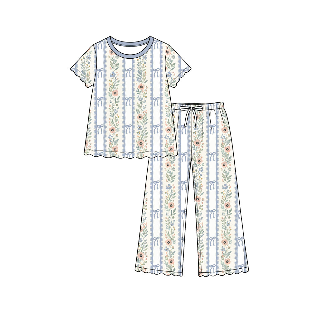 Preorder (moq 5) Baby Girl Clothes Blue Stripe Bow Wildflower Mixed Print Short Sleeve Pajama Pant Set