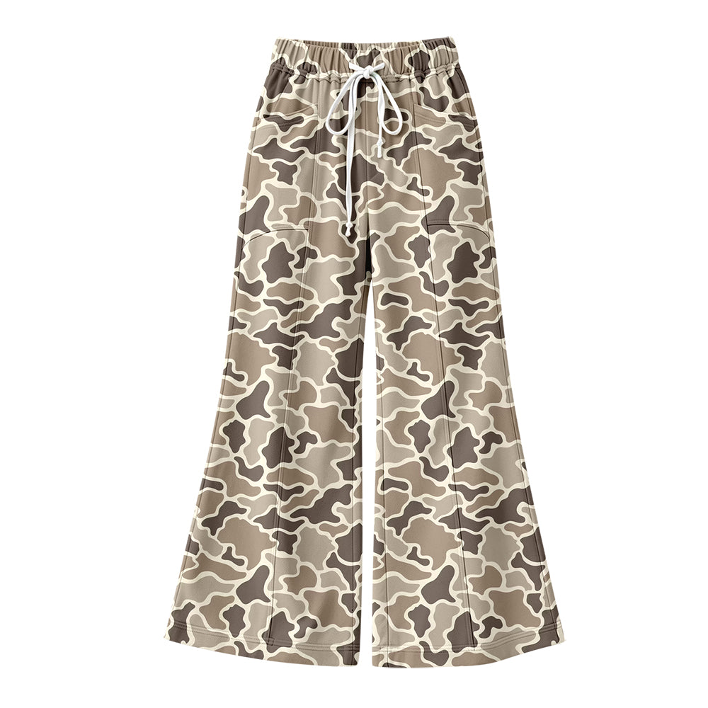 Preorder (moq 5) Women Clothes Light Taupe Cow Camo Allover Print High Waist Drawstring Flare Pants