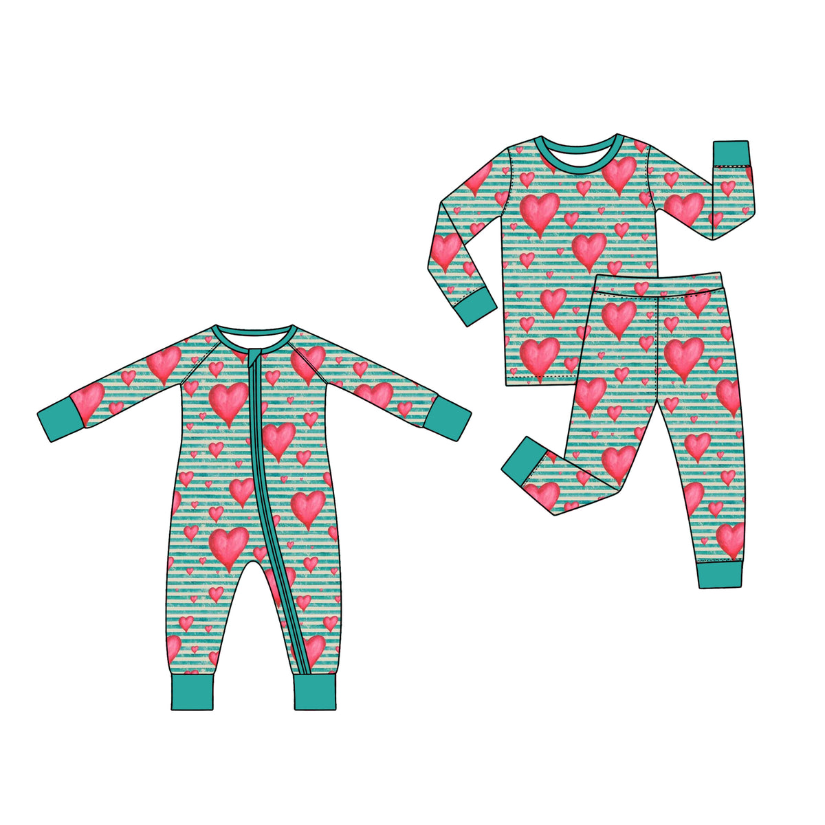 Preorder (moq 5) Baby Clothes Watercolor Red Heart Striped Long Sleeve Zipper Romper