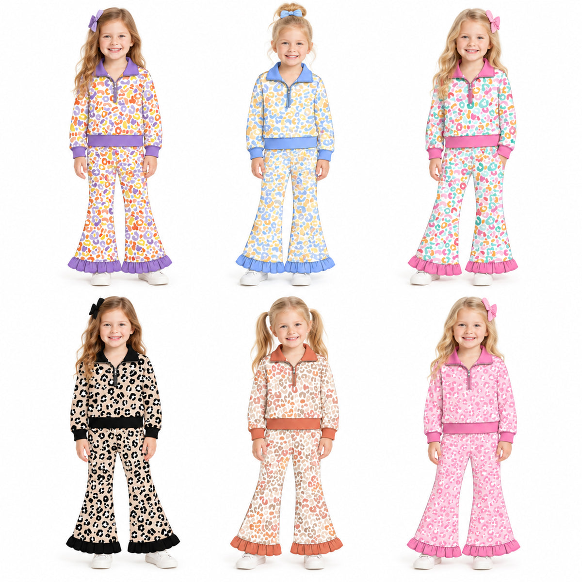Preorder (moq 5) Baby Girl Clothes Blue Trim Pastel Leopard Print Long Sleeve Half Zip Top Ruffle Flare Pant Set