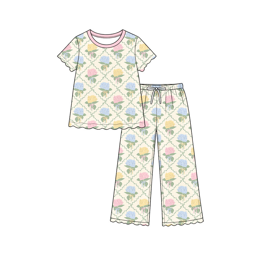 Preorder (moq 5) Baby Girl Clothes Multicolor Hydrangea Bow Lattice Mixed Print Short Sleeve Pajama Pant Set