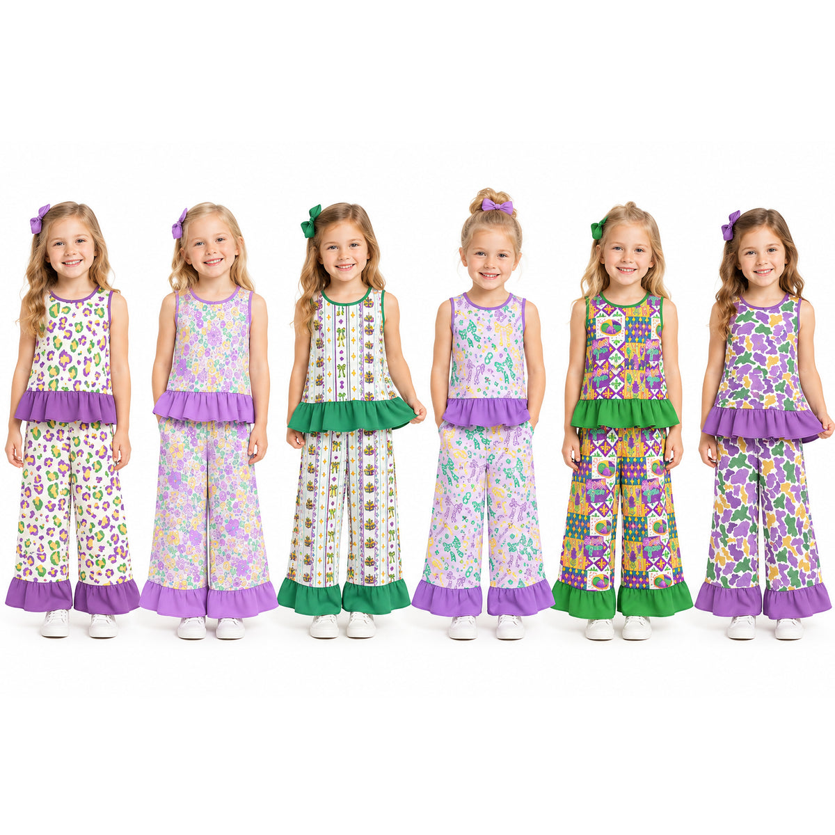 Preorder (moq 5) Baby Girl Clothes Mardi Gras Purple Green Gold Leopard Mixed Print Sleeveless Ruffle Flare Pant Set