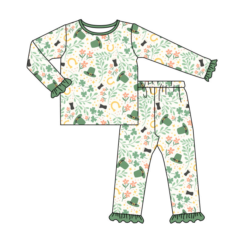 Preorder (moq 5) Baby Girl Clothes St Patrick Clover Floral Print Long Sleeve Ruffle Cuff Pajama Set