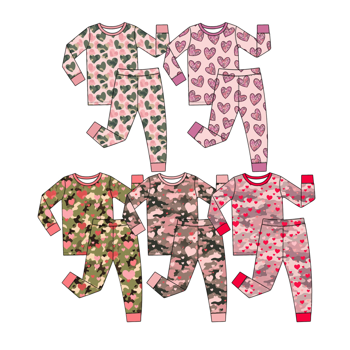 Preorder (moq 5) Baby Girl Clothes Leopard Heart Pink Base Mixed Print Long Sleeve Pajama Pant Set