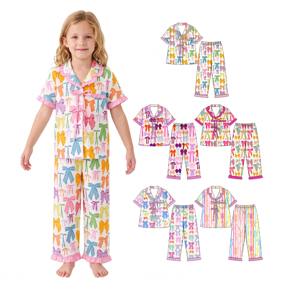 Preorder (moq 5) Baby Girl Clothes Pastel Multi Color Bow Mixed Print Short Sleeve Ruffle Pajama Set