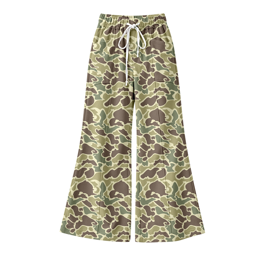 Preorder (moq 5) Baby Girl Clothes Sage Brown Vintage Camo Allover Print Flare Wide Leg Pants