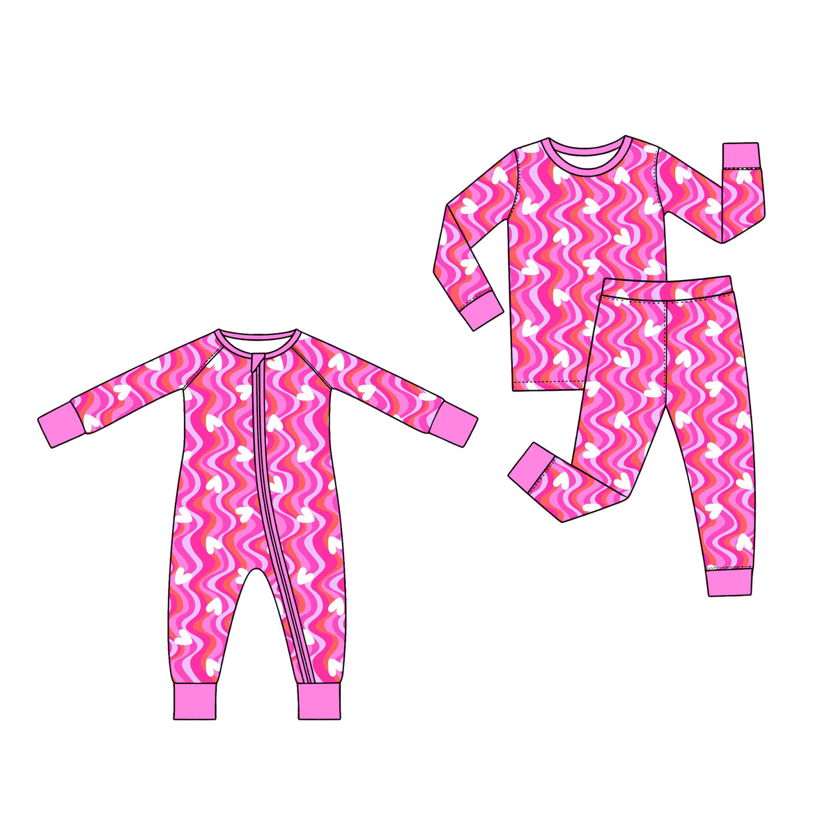 Preorder (moq 5) Baby Clothes Wavy Pink White Heart Print Long Sleeve Zipper Romper
