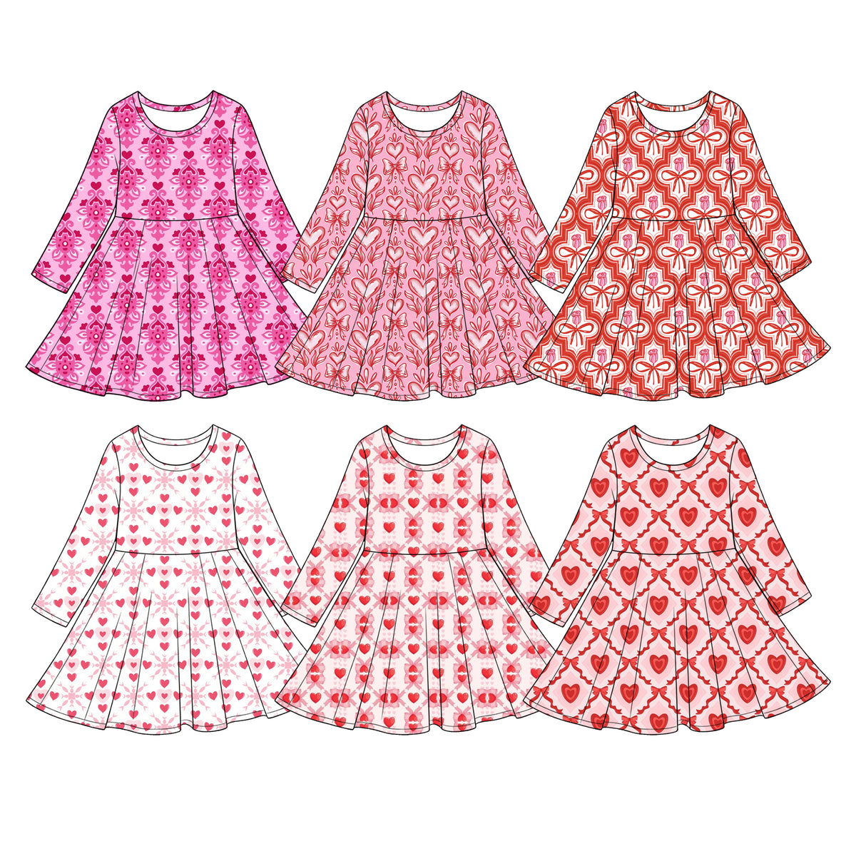 Preorder (moq 5) Baby Girl Clothes Red Heart Bow Checker Mixed Print Long Sleeve Twirl Dress