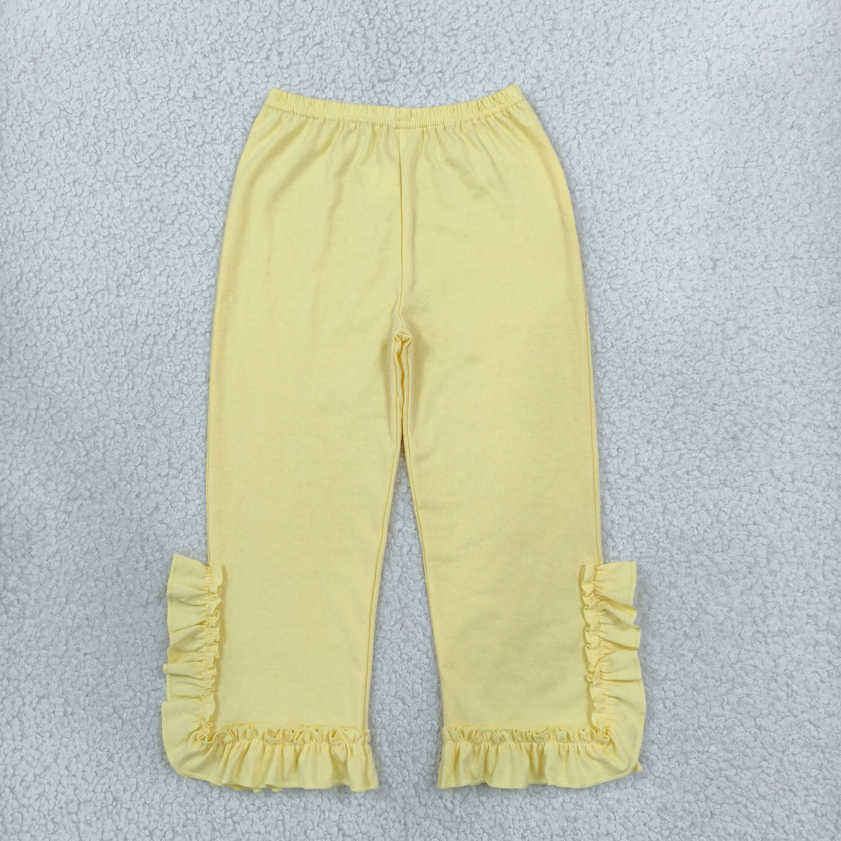 NO MOQ RTS P1163 Baby Girl Clothes Solid Yellow Plain Print Short Sleeve Ruffle Flare Pants 202610