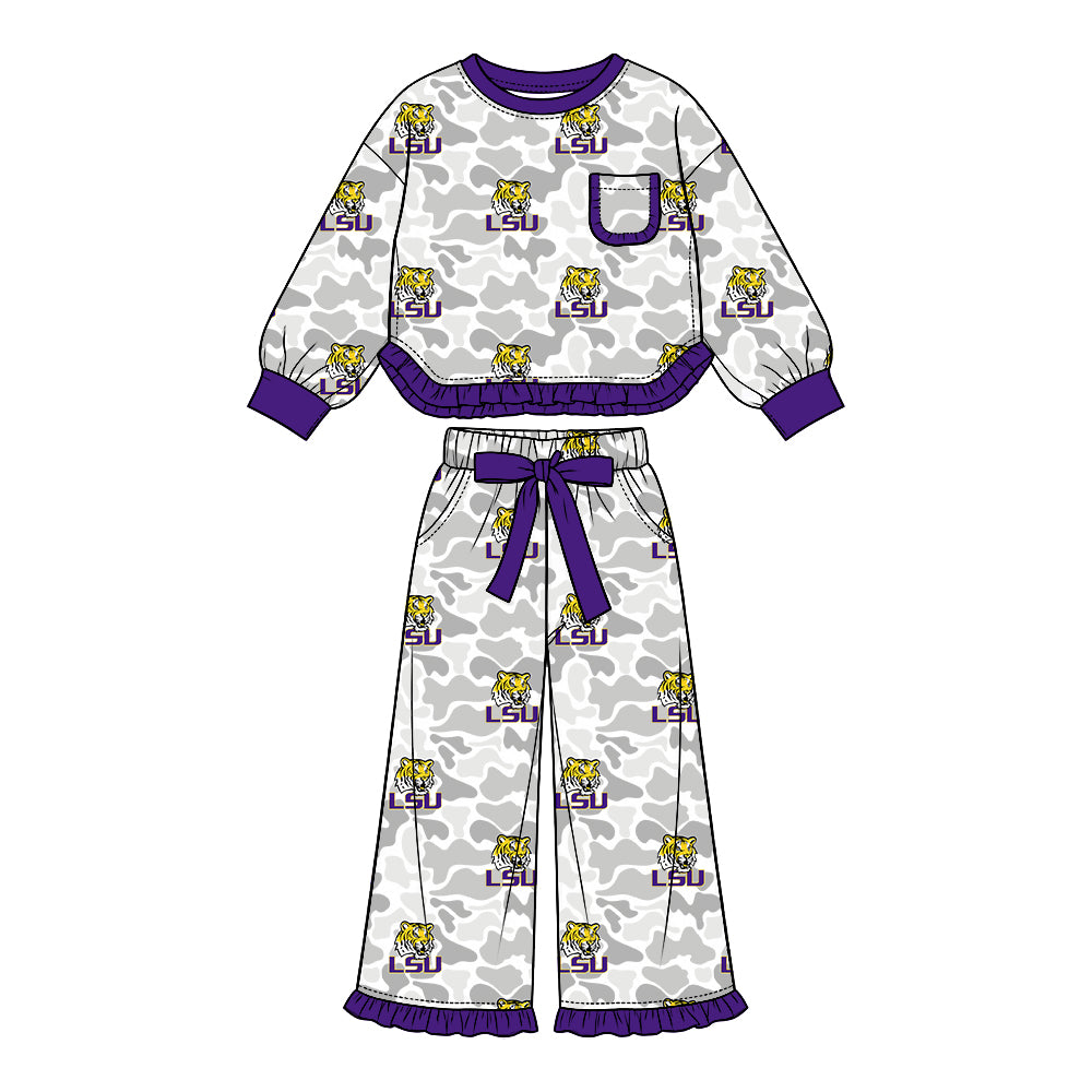 Preorder (moq 5) LSU Baby Girl Clothes Grey Camo Logo Mixed Print Long Sleeve Ruffle Top Wide Leg Ruffle Pants Outfit Set