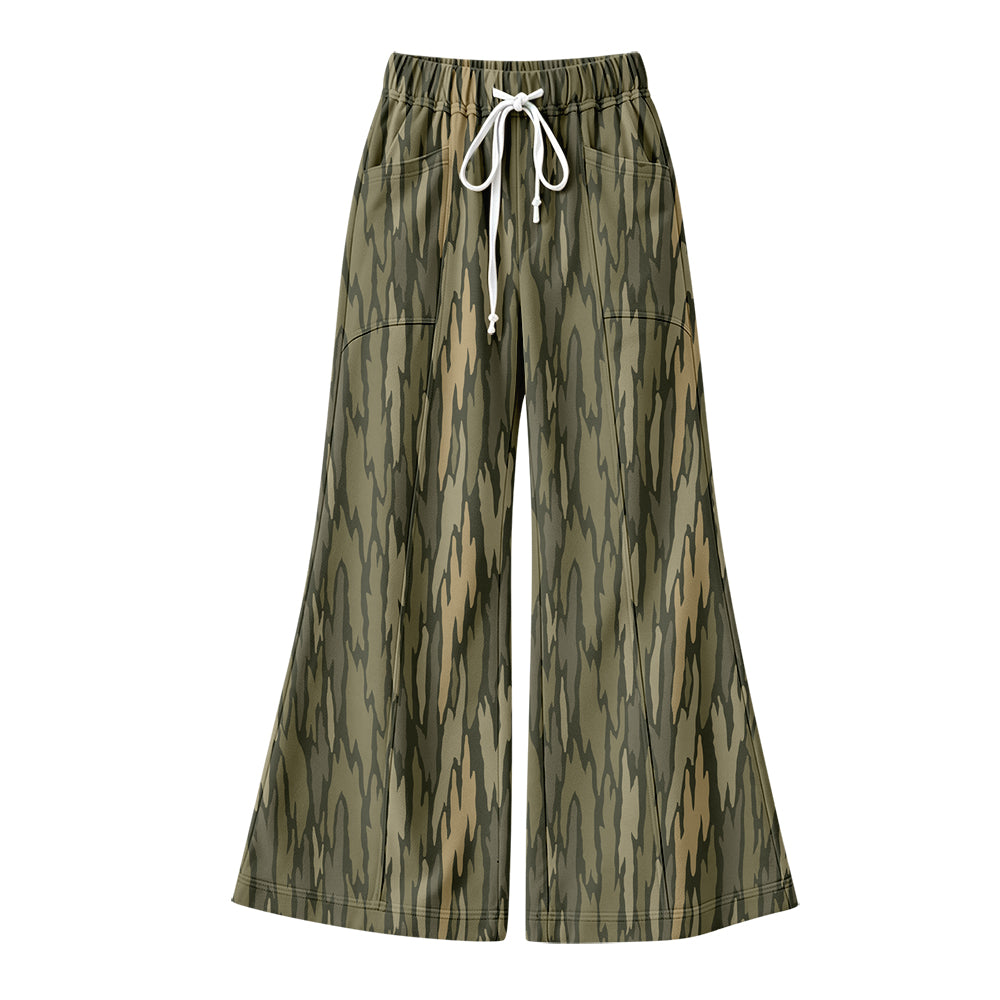 Preorder (moq 5) Baby Girl Clothes Olive Stripe Camo Allover Print Flare Wide Leg Pants