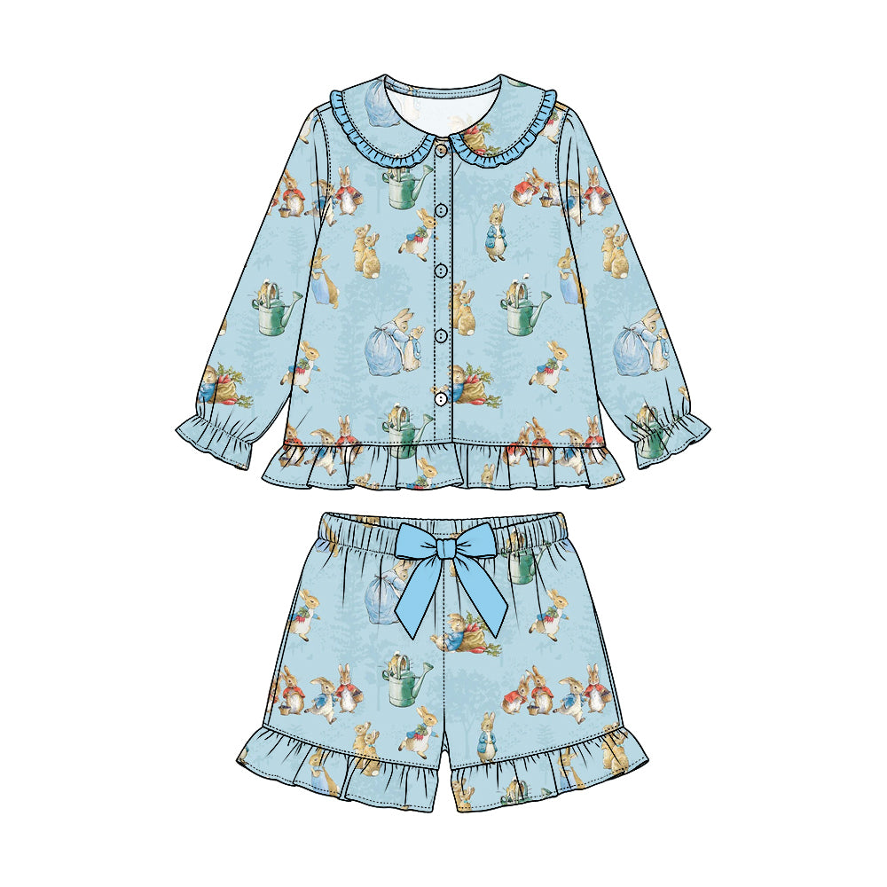 Preorder (moq 5) Baby Girl Clothes Blue Garden Bunny Watering Can Print Long Sleeve Ruffle Collar Short Pajama Set