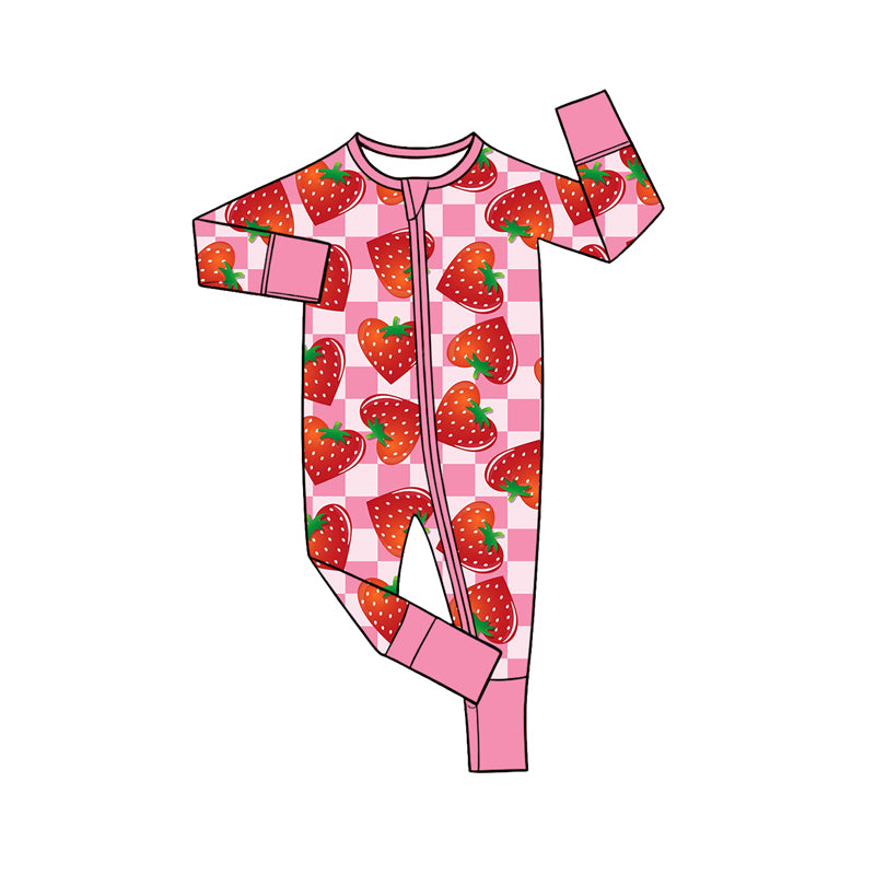 Preorder (moq 5) Baby Girl Clothes Strawberry Pink Checker Mixed Print Long Sleeve Zipper Romper