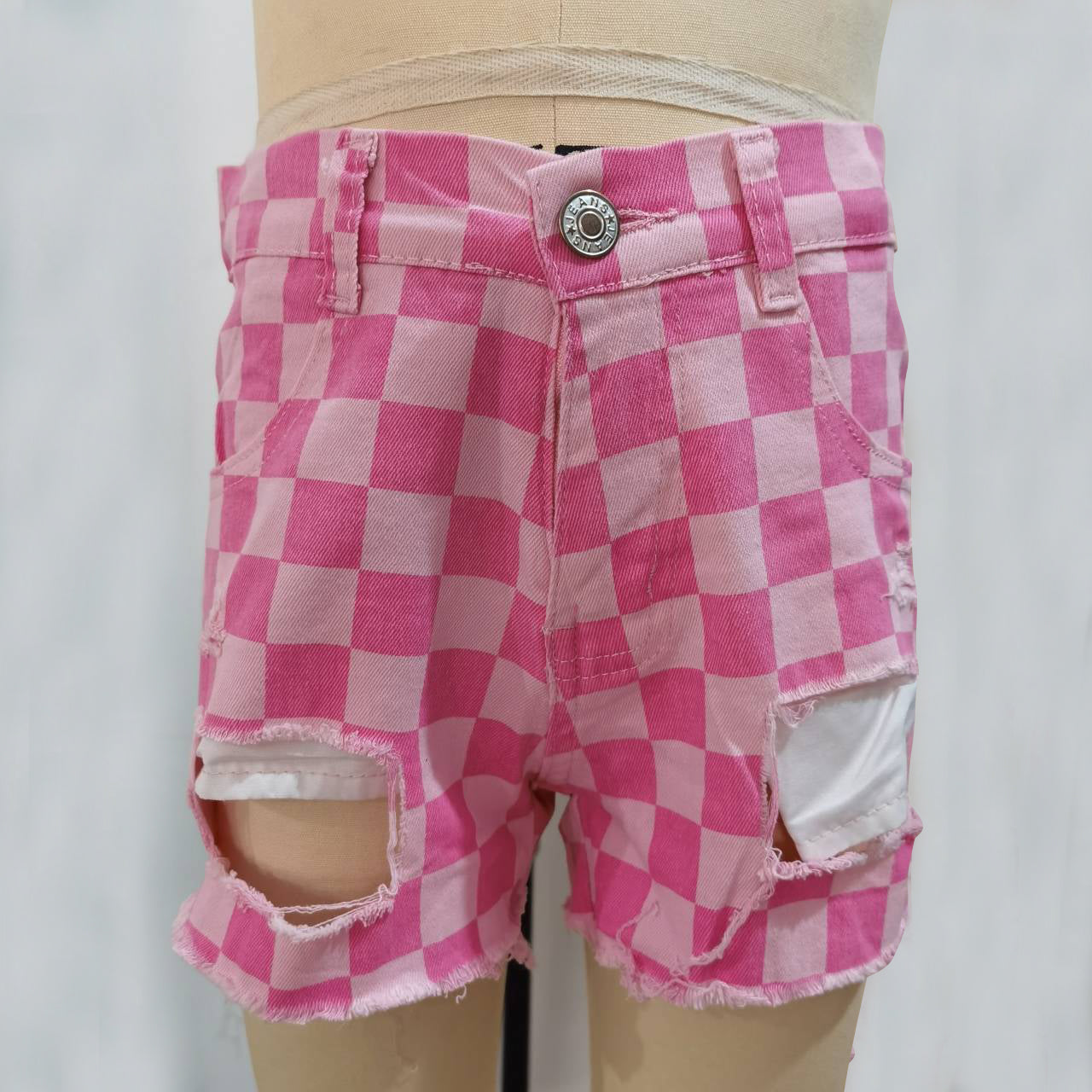 SS0092 girl button casual ripped plaid pink girl denim shorts RTS Free shipping order $100+