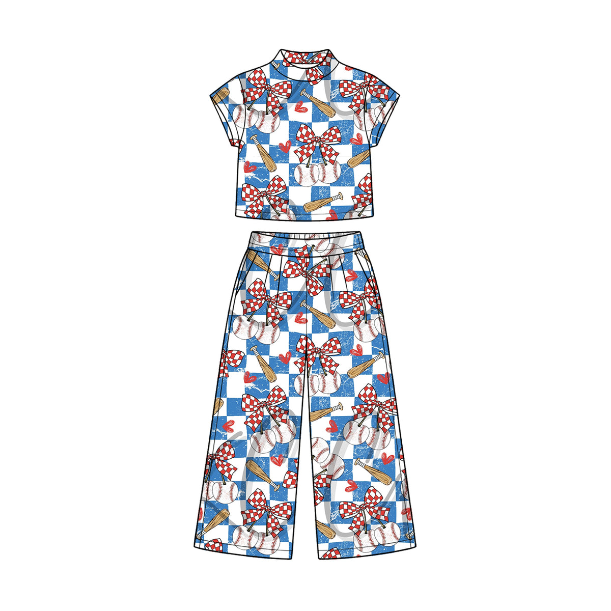 Preorder (moq 5) Baby Girl Clothes Baseball Bow Checkerboard Mixed Print Short Sleeve Crop Top Wide Leg Pant Set